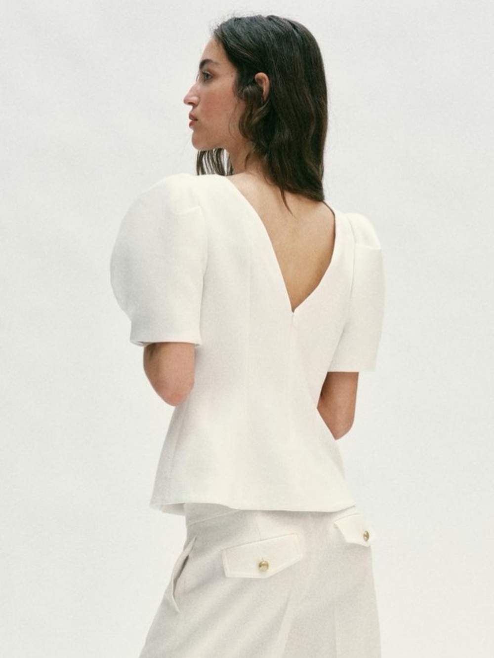 Zara Cream Puff-Sleeve V-Back Top